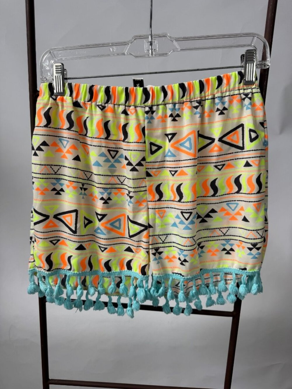 Bright Neon Tribal Print Tassel Trim Womens Shorts Made In USA